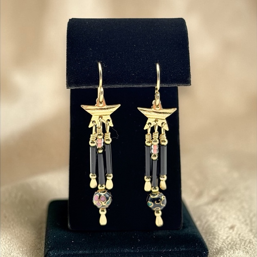 Designer Tabra Gold Filled Star Onyx & Pink Cloisonné Dangle Earrings | Signed